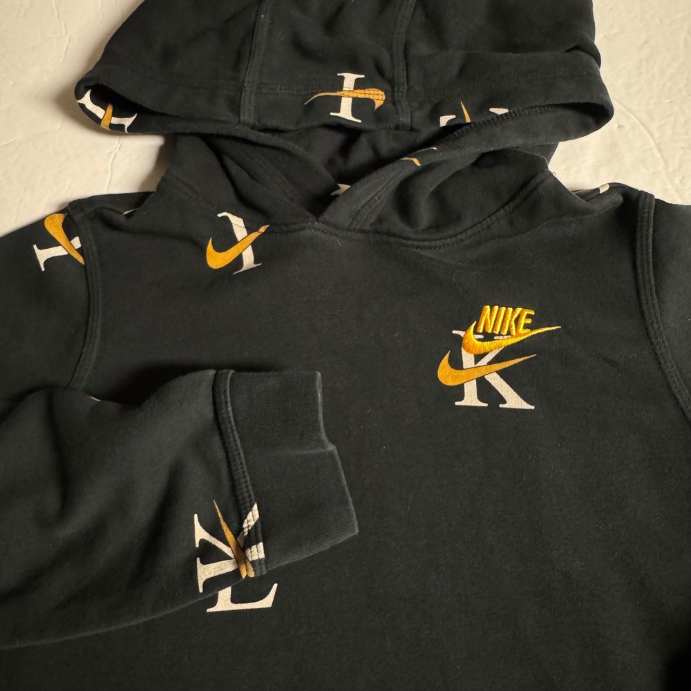 Nike Kids Black Gold All Over Swoosh Logo‎ Hoodie Size M